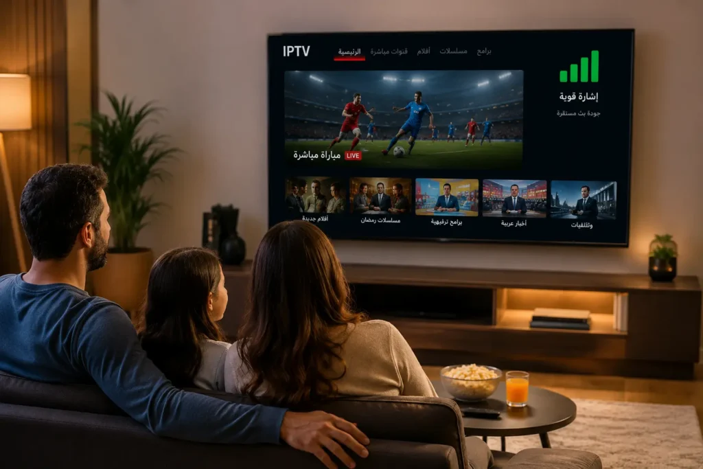 عائلة عربية صغيرة تشاهد التلفاز مع إشارة IPTV قوية وبث مستقر