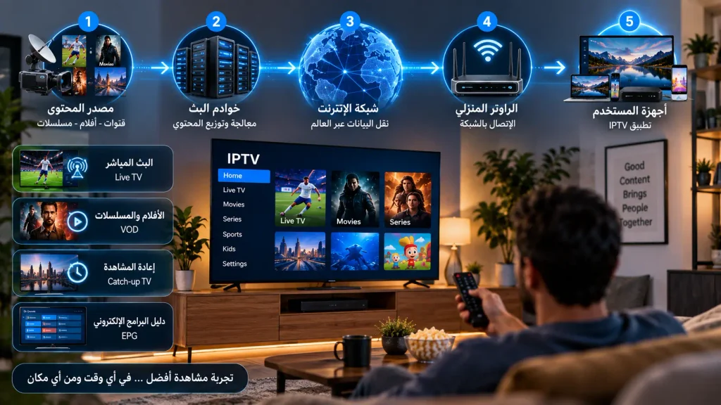 كيف يعمل IPTV خطوة بخطوة من الخادم عبر الإنترنت إلى جهاز المستخدم