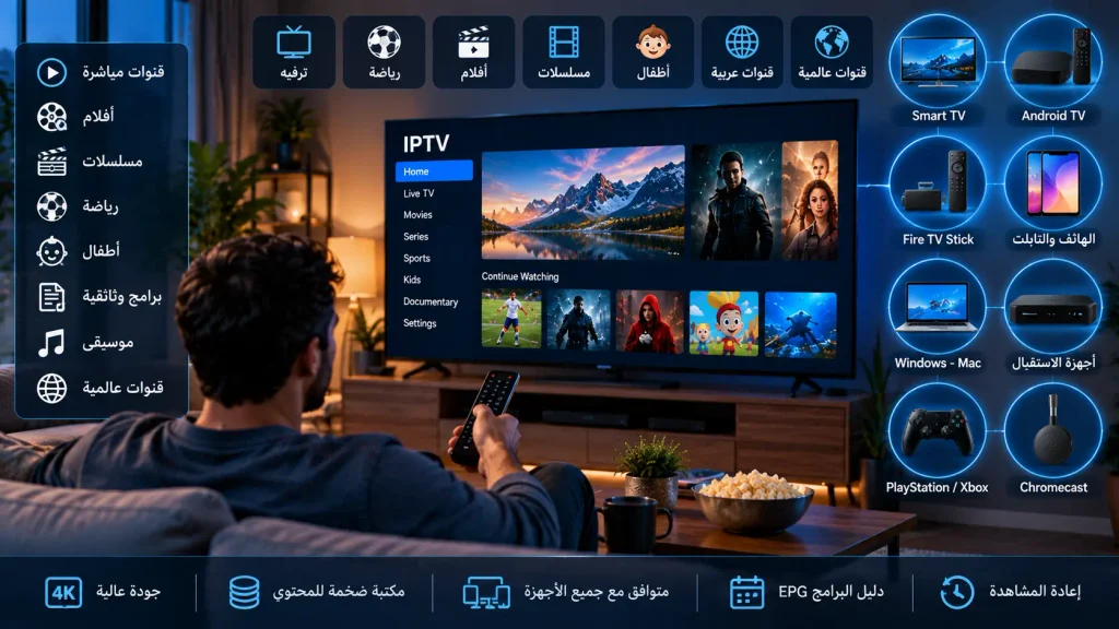 أجهزة تشغيل IPTV وأنواع المحتوى مثل القنوات والأفلام والمسلسلات