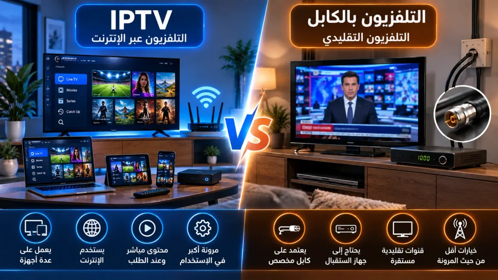 مقارنة أجهزة IPTV والتلفزيون بالكابل والمرونة في المشاهدة